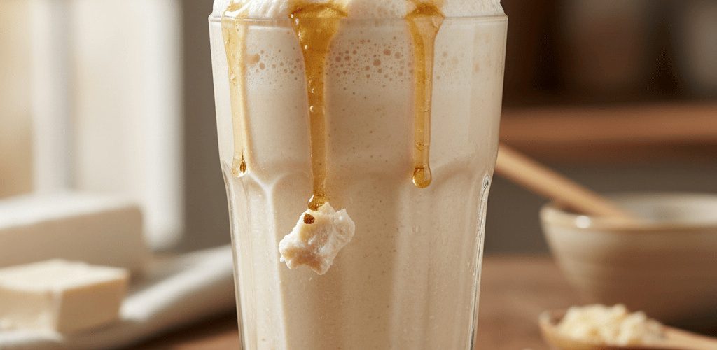 Vaso grande con un batido de turrón con trocitos