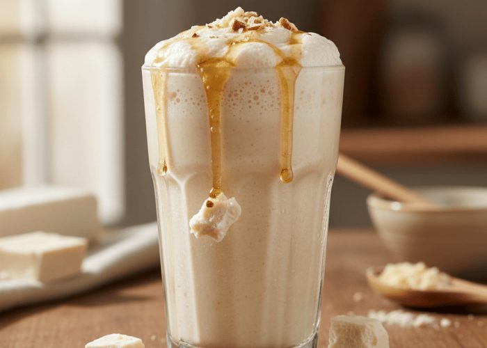 Vaso grande con un batido de turrón con trocitos