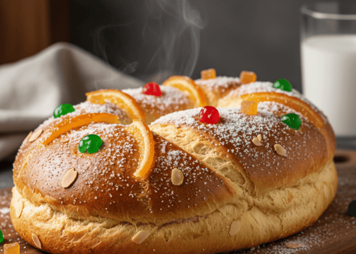 Roscón de Reyes casero tradicional, esponjoso y recién horneado